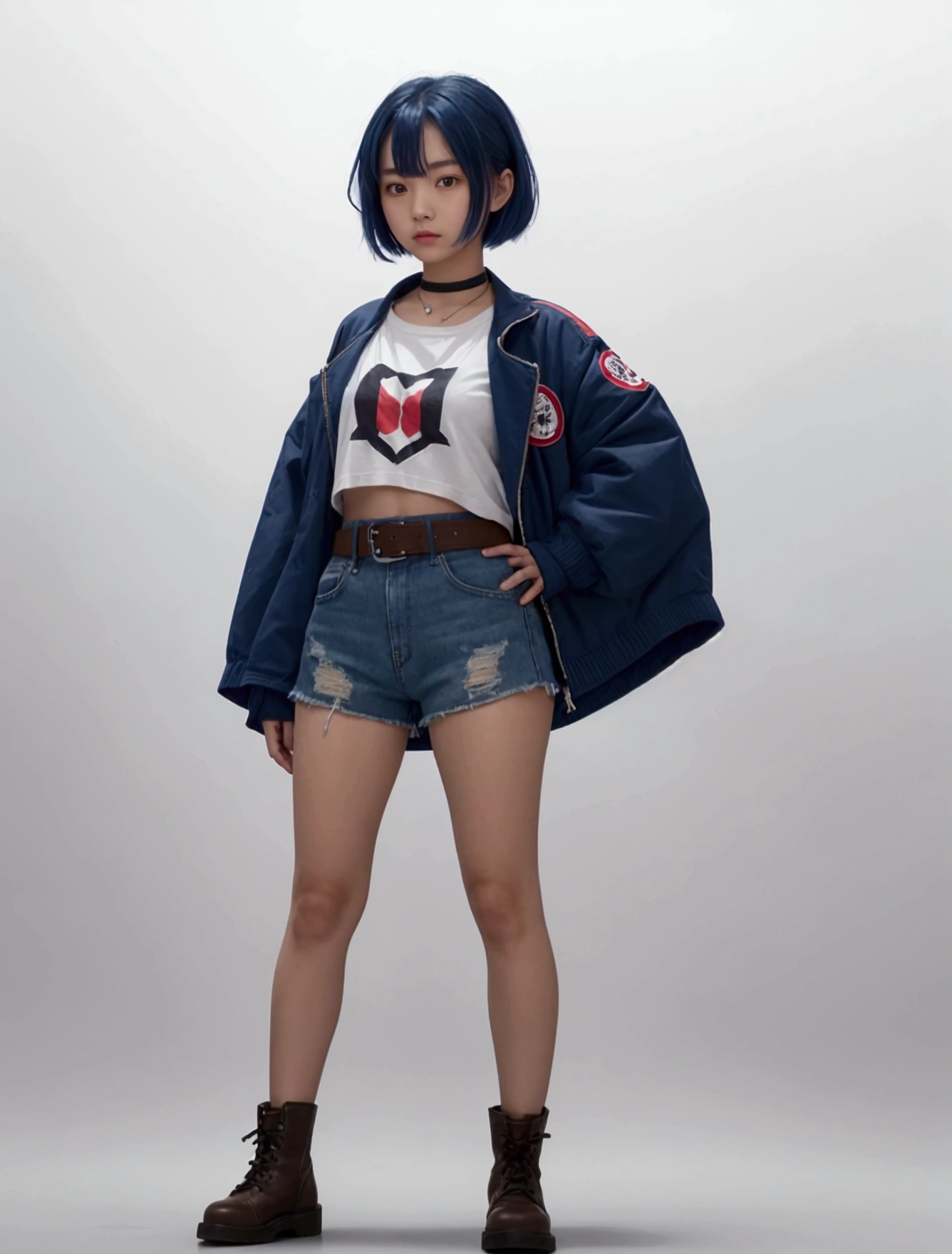 Age around 13-15, Japanese girl, blue hair styled in a messy bob. indigo Eyes. red jacket, white chest plate and dark blue t-shirt which is slighty torn at the bottom, tan shorts, brown boots and a black choker. The fingerless gloves are white and go up to her wrists. The belt appears to criss-cross over her shorts.