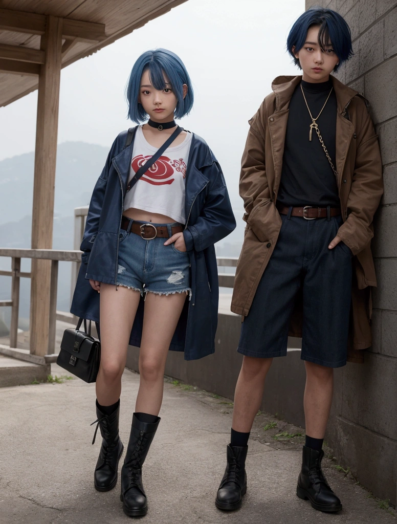 Age around 13-15, Japanese girl, blue hair styled in a messy bob. indigo Eyes. red jacket, white chest plate and dark blue t-shirt which is slighty torn at the bottom, tan shorts, brown boots and a black choker. The fingerless gloves are white and go up to her wrists. The belt appears to criss-cross over her shorts.