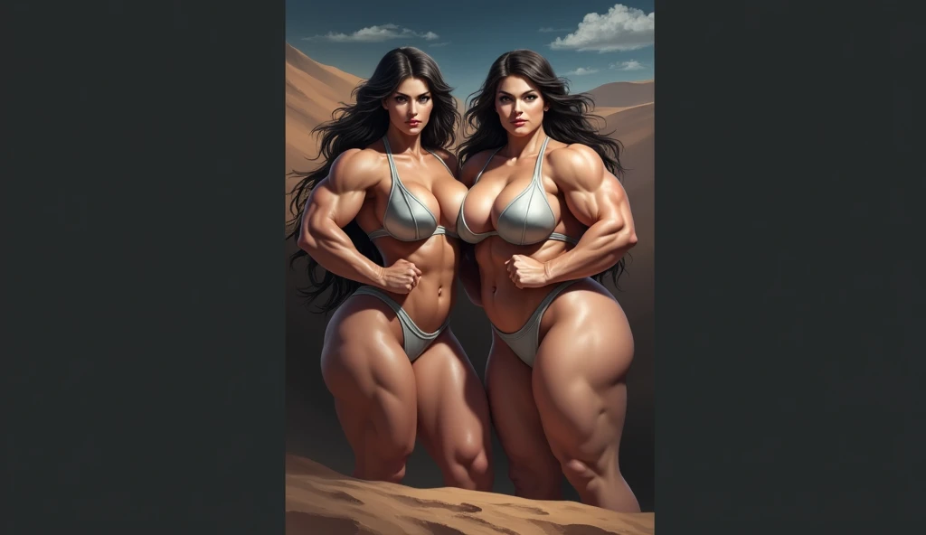 two women with big breasts posing for a picture in the desert, muscular warrior women, powerful and huge, feminine and muscular, muscular bodies, muscular! fantasy, sfw version, inspired by Tim and Greg Hildebrandt, alena aenami and lilia alvarado, thick thigs, furious dark haired women, inspired by the Brothers Hildebrandt, massive muscles, thick body