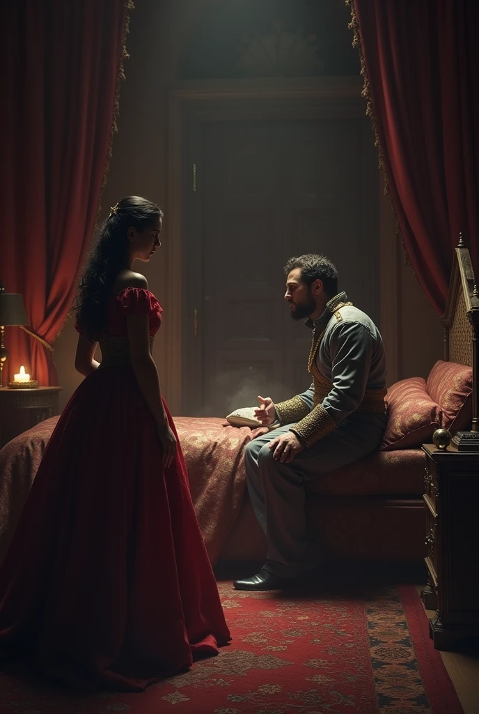 The Night in the King’s Chamber:
A dimly lit royal chamber with luxurious bedding and heavy curtains. The king, eagerly sitting on the edge of the bed, appears excited. The general’s daughter stands nearby, wearing a serene expression, with a small hidden object (a razor blade) in her hand, concealed under a flowing gown. The tension in the room is palpable.