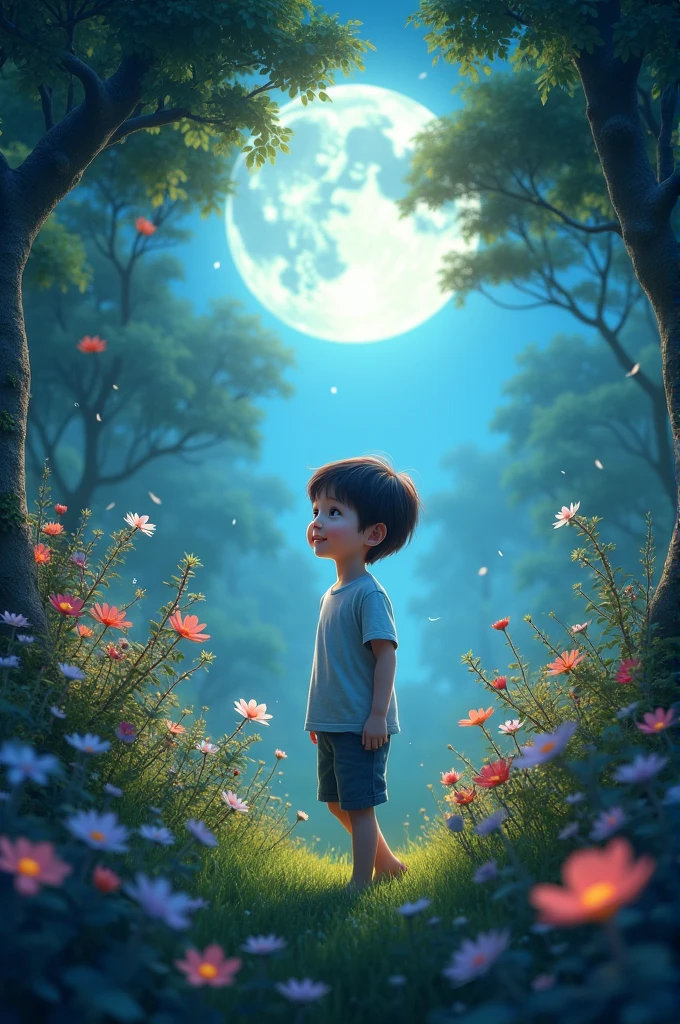A boy with a beautiful garden with amoon light 
