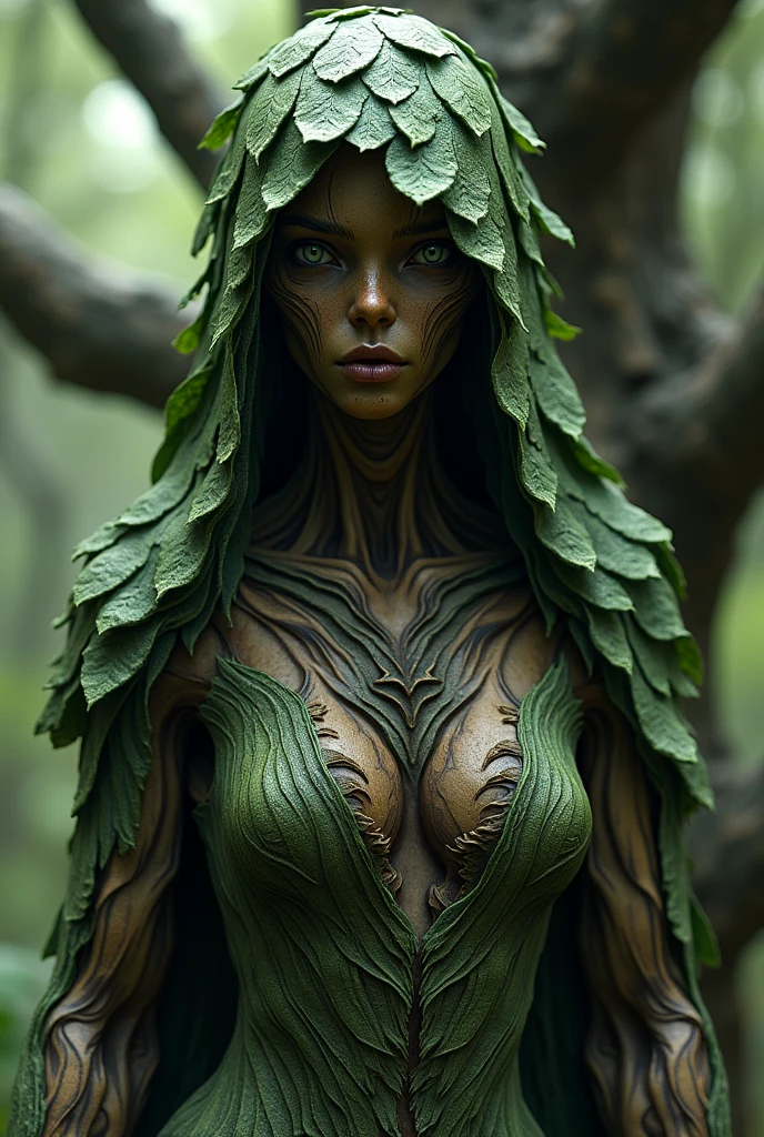 Create A whole body mythical creature that has this following features
- wearing a long hoodie
- the hoodie cover is like a leaves
- this creature dwells in trees
- an old human like form
- the body is like a wood
- it should be like a character from a dark fantasy
-it should be a woman