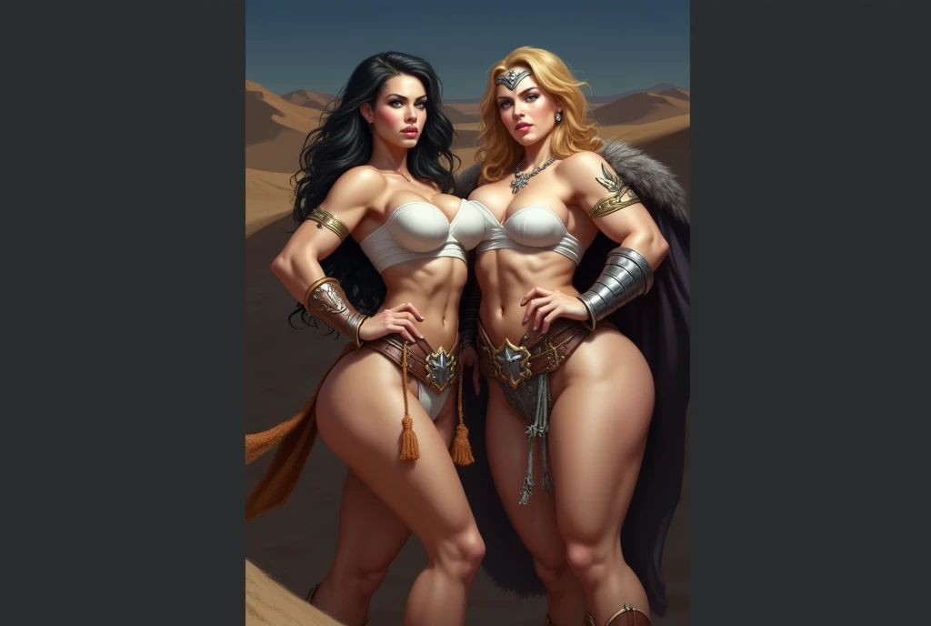 two women with big breasts posing for a picture in the desert, a portrait inspired by Tim and Greg Hildebrandt, Artstation, furry art, muscular warrior women, powerful and huge, feminine and muscular, muscular bodies, muscular! fantasy, sfw version, alena aenami and lilia alvarado, thick thigs, furious dark haired women, massive muscles