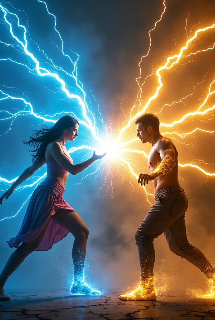 A lady and a man shooting thunder out of their hands and trying to hurt and shock each other from 8 meters away fro. Each other and the lady will be shooting blue thunder and the man will be shooting golden thunder
With straight arm facing each other and both of them are protecting themselves