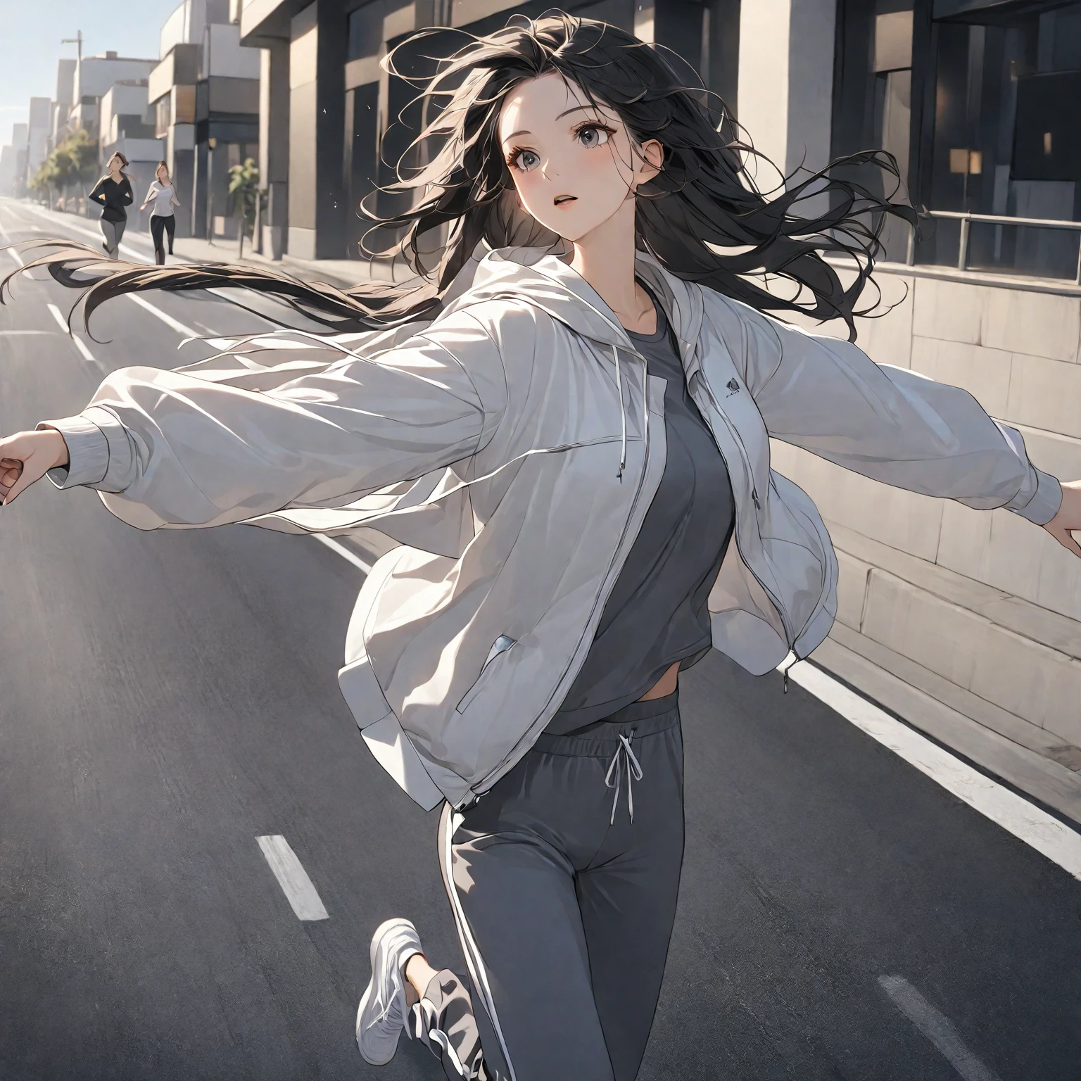 a woman in a white jacket and gray pants with 2 front pockets, running on a road, swinging her arms, jogging, out of breath, wearing modern casual clothing, a hoodie and sweatpants, detailed product shots, casual modern fashion, loose and flowing clothes, a tracksuit, casual wear, high-tech athletic wear, vertical view of a woman