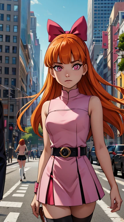 (s:1girl: blossom), (extremely detailed CG unit 8k wallpaper),(master part), (best quality), (ultra detail), (best illustration),(city scene), cowboy shot, (Sharp eyeliner, ombre, detailed eyes:1), landscape, building, outdoor, ,break , (DcauGirls), upper body, orange hair, long hair, blunt bangs, pink eyes)
(bow, dress, belt, thighhighs,