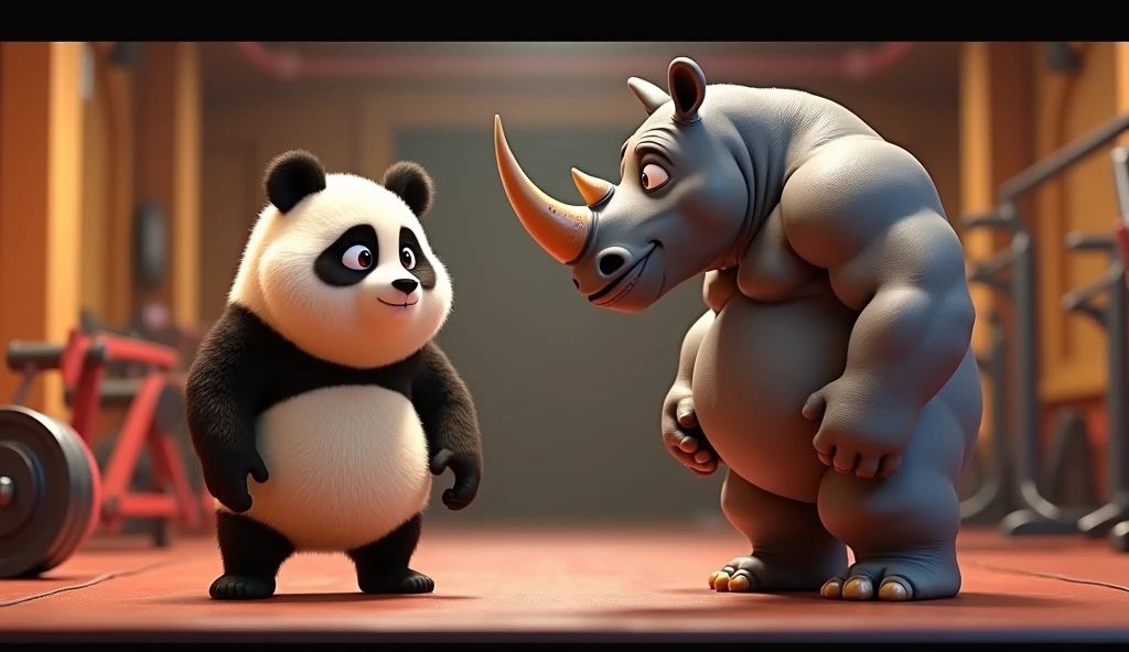 A 3d animated movie shot. Pandu, a young panda, is seen looking very chubby
Pandu’s father, also a panda, is seen enrolling Pandu into Gondi Bhai's gym. Gondi Bhai, a fit and muscular rhinoceros, stands proudly at the entrance of his gym. He has a strong, bodybuilder physique and a welcoming, encouraging expression. Pandu, looking a bit nervous but determined, is beside his father. The gym has a robust and motivational atmosphere, with equipment suited for pandas and rhinoceroses. The scene highlights the transition to a new, challenging environment with a supportive mentor.