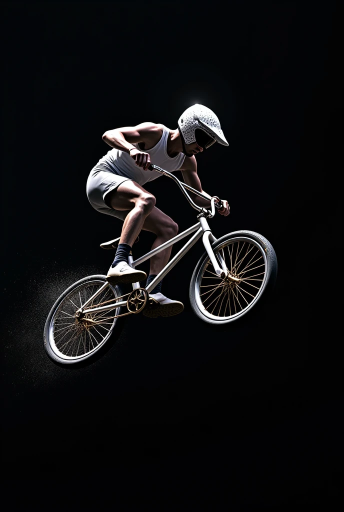 A extremely masterpiece 8k image of a men is playing Cycling BMX Freestyle Olympic games and wear a helmet and helmet scattering with light without any background only black background