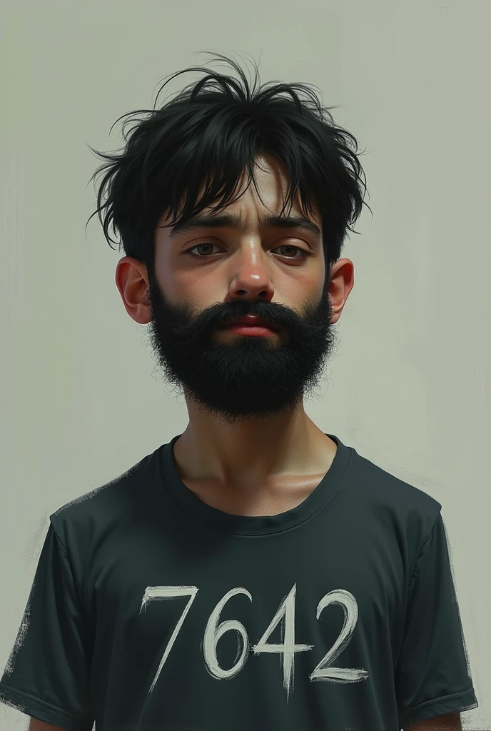 A sad beard boy wants some attention write 7642 on his shirt
