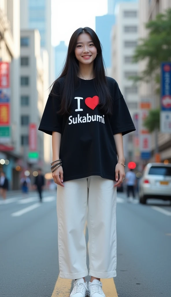 Hyper realistic photography, a beautiful korean girl "long straight", was standing on the side of the road, wearing a black oversize t-shirt with writing "I love Sukabumi", wearing white pants, wearing white compass shoes, happy smiling, wearing a bracelet, street background, buildings, many, realistic highly detailed objects, looks real and clear, bright background not blur, natural 3D, 8k ultra hd