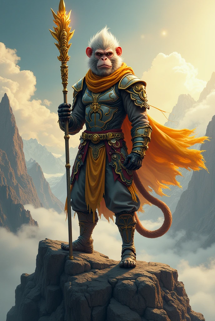 (((best quality))),(((Super detailed))),(((masterpiece))),illustration,sun wukong \(Black Legend\),Determined face,yeux brillants,staff en or,vêtu d'une armure cyberpunk de pointe,Mountain cliff,sunbathing,nuages brumeux,photo en gros plan,Heroic posture