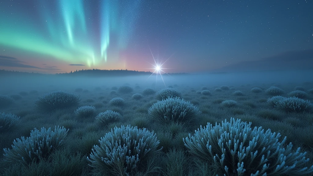 The heather field is drowning in pre-dawn mist, the eastern horizon brightens, a ribbon of polar lights dances in the sky, in the pre-dawn sky and through the aurora borealis the stars are visible as pale dots, but one azure star burns brightly
