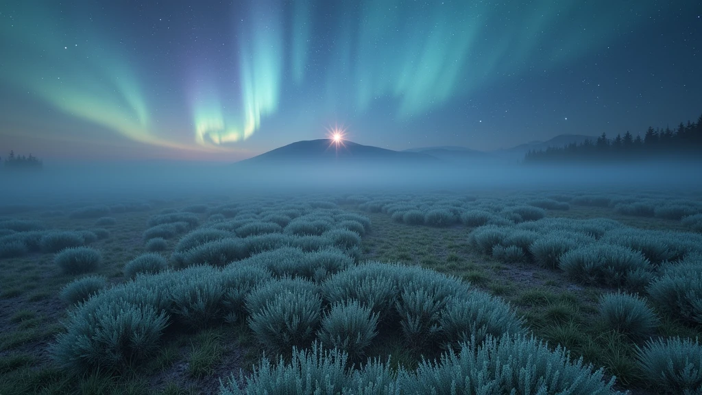 The heather field is drowning in pre-dawn mist, the eastern horizon brightens, a ribbon of polar lights dances in the sky, in the pre-dawn sky and through the aurora borealis the stars are visible as pale dots, but one azure star burns brightly