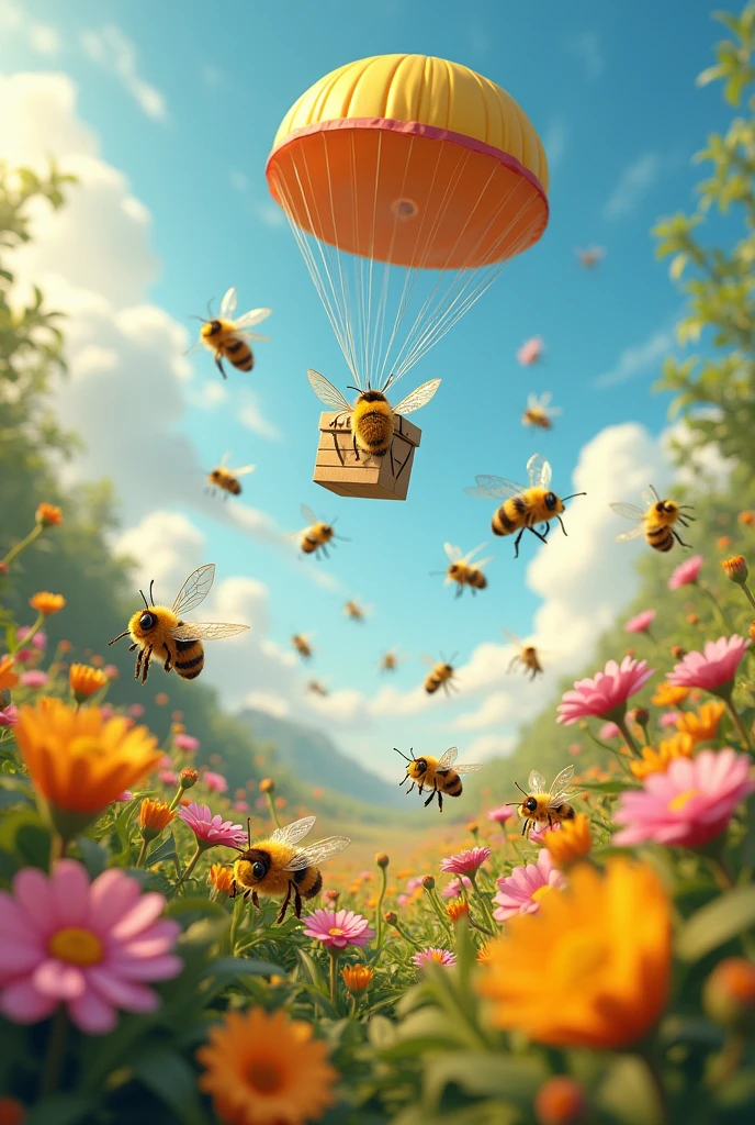 Bees are flying in a full of flowers and a big airdrop with them.