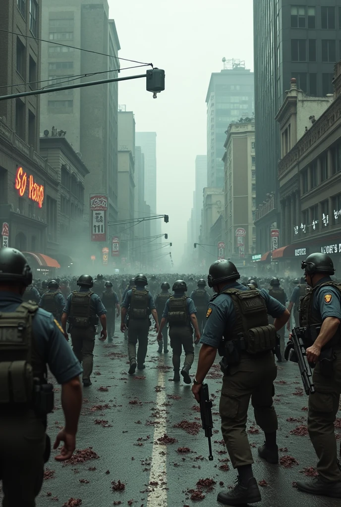 Aqui está um comando que você pode usar para gerar essa imagem:
```json
{
"prompt": "A post-apocalyptic scene set on Avenida Paulista in São Paulo, Brazil. The iconic street is in ruins, with destroyed cars and crumbling buildings lining the sides. The scene is chaotic, filled with zombies engaged in fierce combat with heavily armed police officers. The zombies, in various states of decay, are attacking the police with sheer ferocity, while the officers are desperately trying to hold them bac