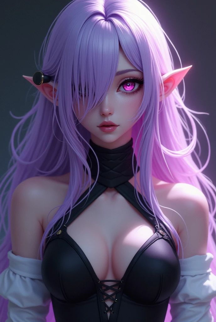 A beautiful woman with light violet hair, magenta eyes and a black cornea on her left eye. Beautiful. Her hair covers the left part of her eye, she wears black clothes and white sleeves. Her breasts are big