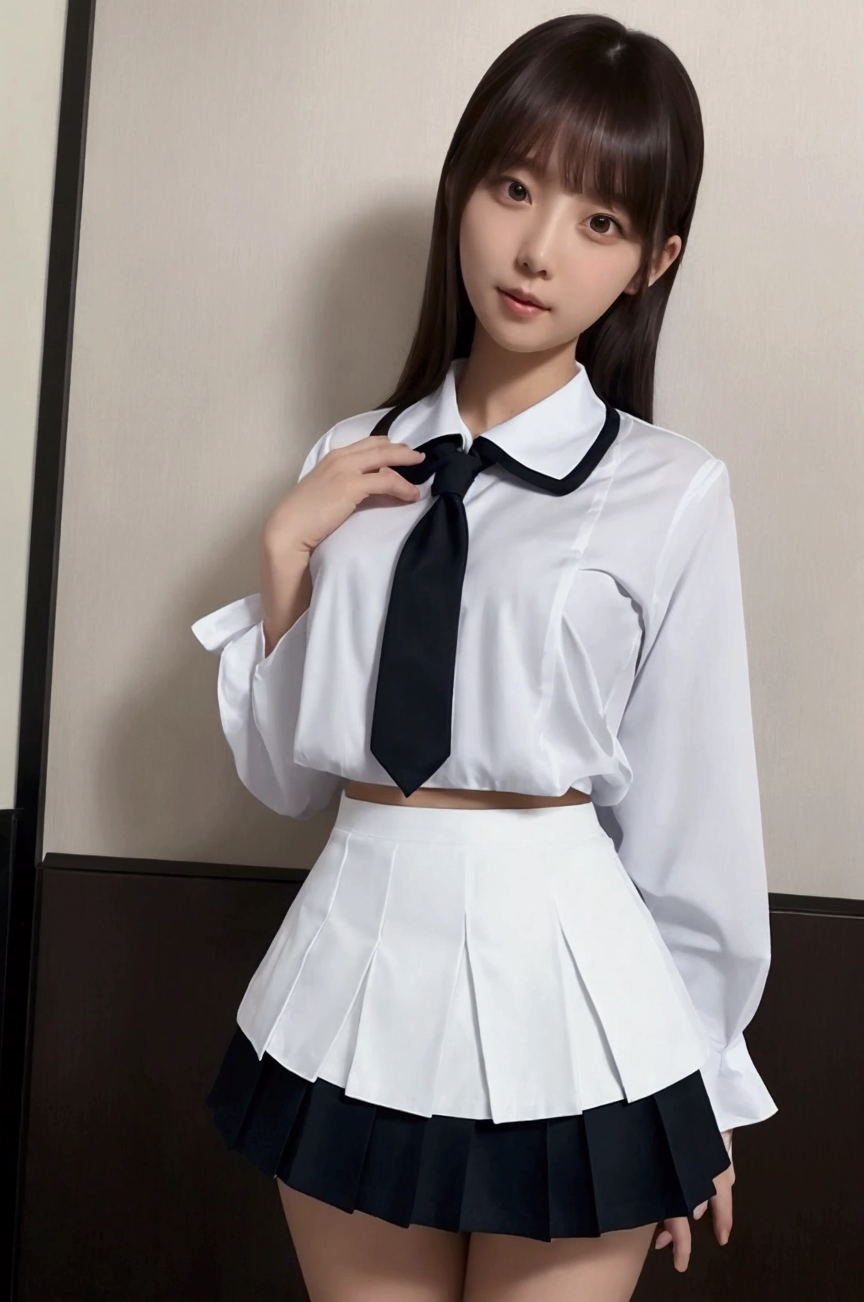 Hotel　bed　uniform　White clothes　high resolution　Not too small bust　Black Mini Skirt　Skirts should be shortened　Beautiful hair Height 153cm　Lift-up skirt　White panties are visible　 Holding up her skirt with her own hands　The skirt is flipped up　Adult Images　R18