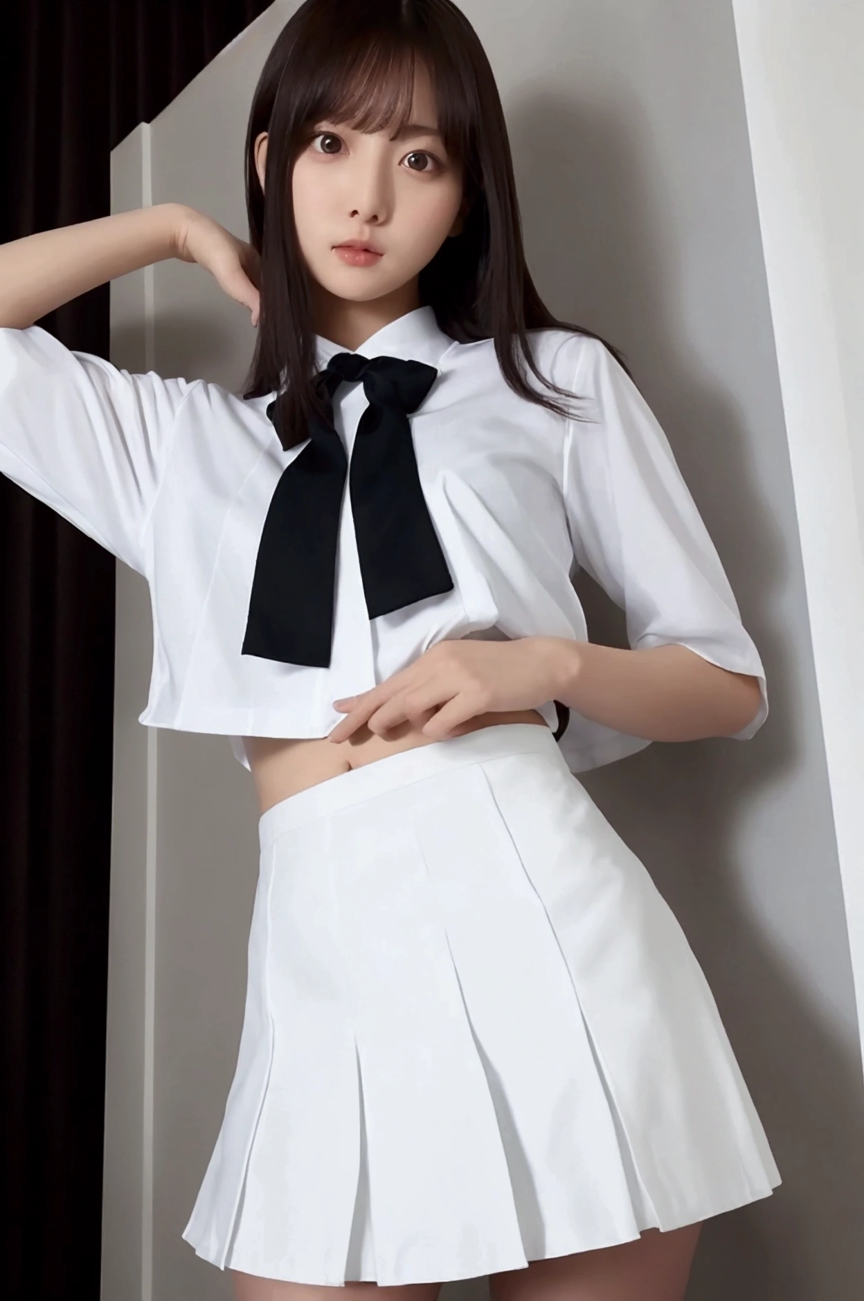 Hotel　bed　uniform　White clothes　high resolution　Not too small bust　Black Mini Skirt　Skirts should be shortened　Beautiful hair Height 153cm　Lift-up skirt　White panties are visible　 Holding up her skirt with her own hands　The skirt is flipped up　Adult Images　R18