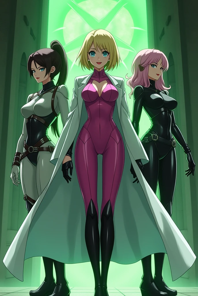 Anime style, team image of a supervillain group. A Sultry and Beautiful young woman with a soul of pure evil and hatred. Short blonde hair that covers her left eye and blue eyed supervillain dressed in a sleek skintight pink bodysuit, long black gloves and black calf high boots. A long white lab coat over her bodysuit competes the look.  She is posing and emanating green energy. She has a smile crossing her thin red lips. 2 other women in costumes and an imposing man make up the rest of the team