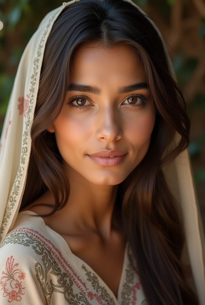 Long brown hairs , healthy figure with 5.00 feet height she is 20 yearrs old , light brown skin tone , sharp nose wearing shalwarkameez , she is pakistani and also wore dupatta on head and only give face picand big brown eyes
