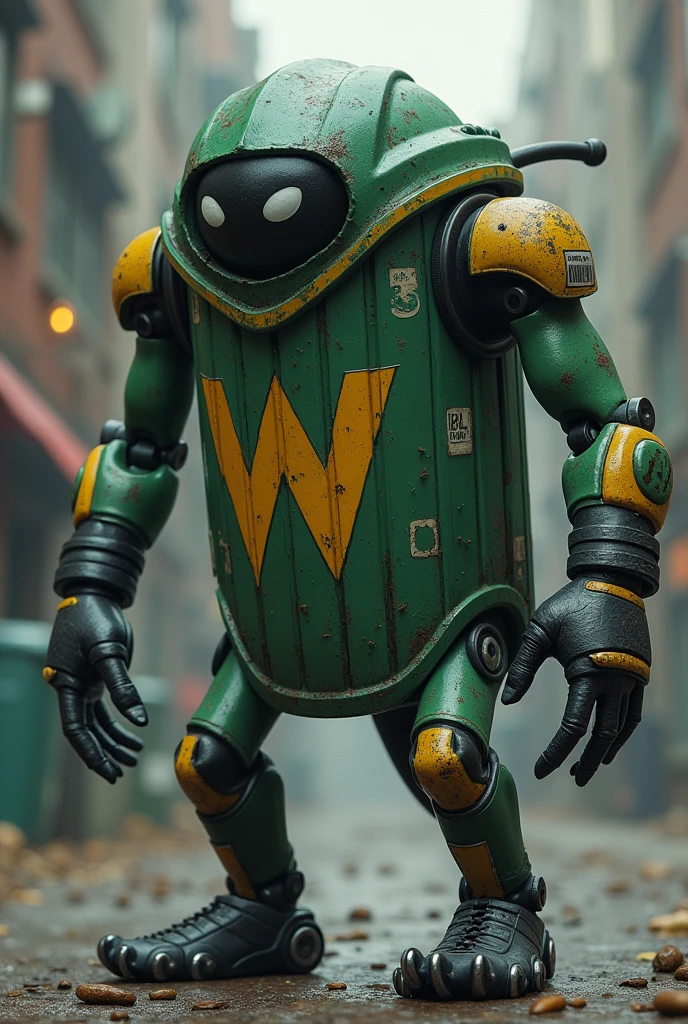 Character inspired by a trash can with very dark green arms, black eyes and white hidden, a trash can body to fight with stickers that look like w's on him, very dark green legs mixed with dark yellow with black, a tail that comes out from behind, arms with black gloves with a dangerous fighter side