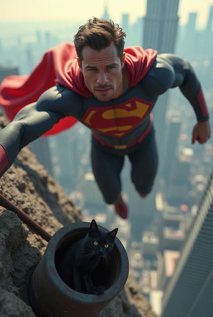 a very cool and muscular uperhero similar to young Brad Pitt flies to save
very small scared black kitten stuck in the drainpipe on the roof at the great height of a skyscraper at a great height and can't get free