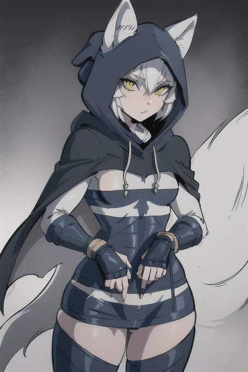1girl, Solo, arctic fox, tmnt, blue marks, yellow eyes, shaded bandage, Kunoichi Outfit, cape, cloak, Fox Ears, Cowboy Shot, Anime Style, Hood Up, Masterpiece, Best Quality,