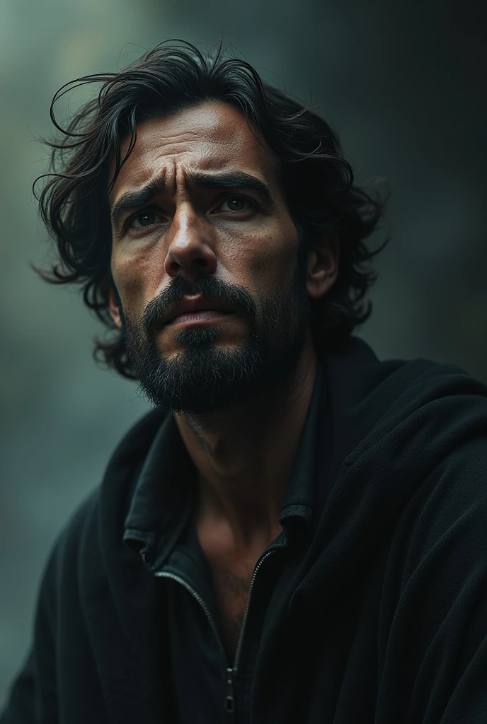 A man is sacrificing his dreams.Between dark and the light and tired face impression