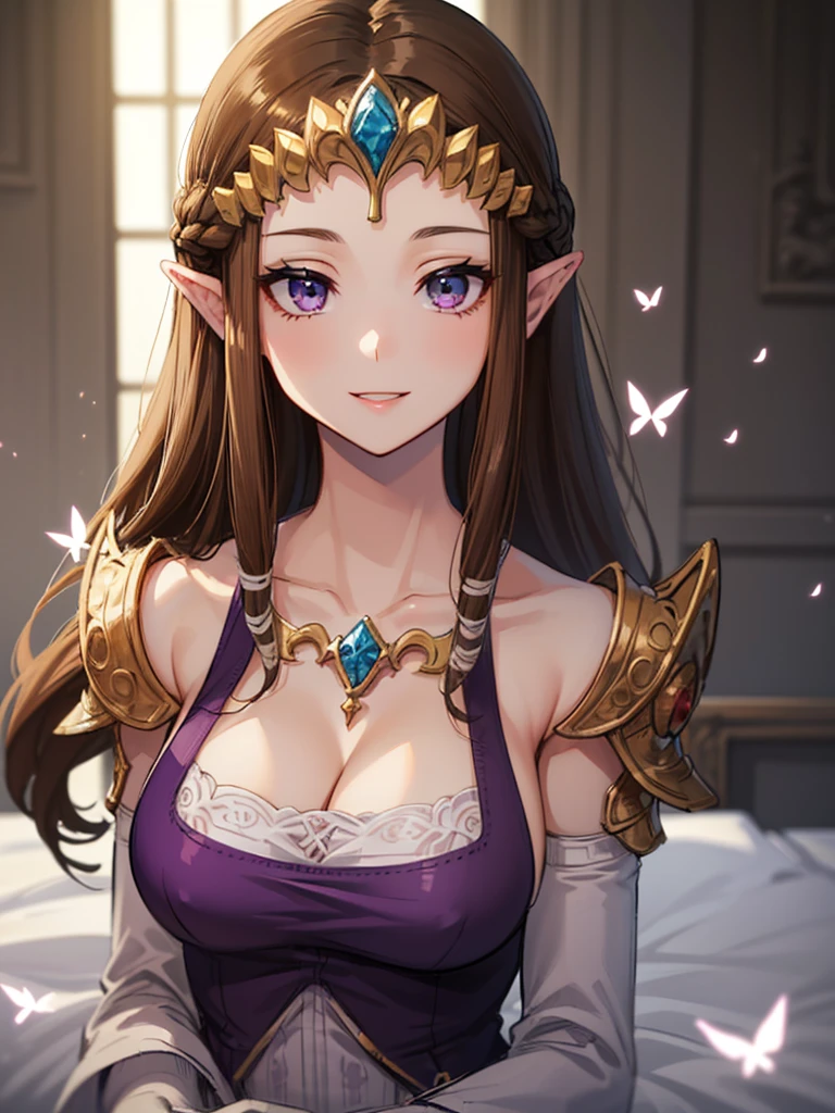 (((Face close-up))),((((Her hair is fluttering))))),(Expressionless),((((((Exposed shoulders)))))),((((Upper Body)))),((alone)),((side angle))),Anime art style,masterpiece,(Highest quality), (Super detailed),(Very delicate and beautiful),(((((Beautiful glossy lips))))),(detailedな顔と目),Beautiful eyes like jewels,(A truly gorgeous jeweled ruffled rococo ball gown dress),(((Mature Woman,Queen))),((1 Queen in a beautiful embroidery and jeweled absolutely gorgeous rococo ballgown dress with voluminous full length hoop skirt)),((crinoline)),,((Straight hair galore,Very long straight hair with plenty of volume,Super long straight hair)),,Cleavage,(bed),length_gloves,Very gorgeous hair accessories、((((front)))),((((Adult Expressions)))),((((Beautiful Face)))),((((dress)))),((Overhead Shot)),(((Long Hair)))),((((Straight hair)))),((Cleavage)),((((Dark brown hair)))),Princess Zelda,((chest is slightly exposed)), ((Highest quality)),,(Very detailed) ,((Purple Blouse)),((())),Brown Hair,(()),, ((Highest quality)), (Very detailed),((detailed)),(((smile))),Nintendo, The Legend of Zelda),,((alone)), ((Highest quality)), (Very detailed), ,