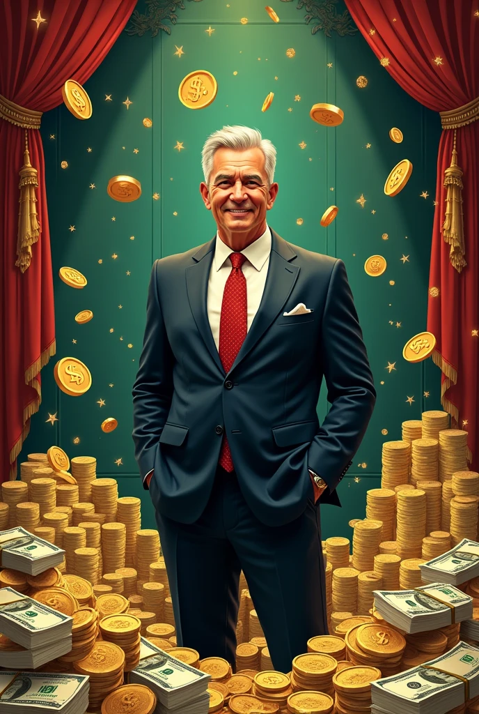 A wallpaper in which a men stand along with dollars and background full of billionaire
thoughts
