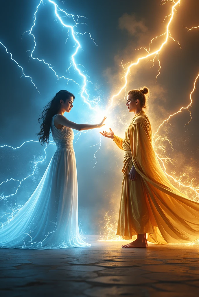 A lady and a man shooting thunder out of their hands and trying to hurt and shock each other from  8 meters away fro. Each other and the lady will be shooting blue thunder and the man will be shooting golden thunder
With straight arm facing each other and both of them are protecting themselves the lady will be wearing a white dress and the man will be wearing a ancient golden clothing