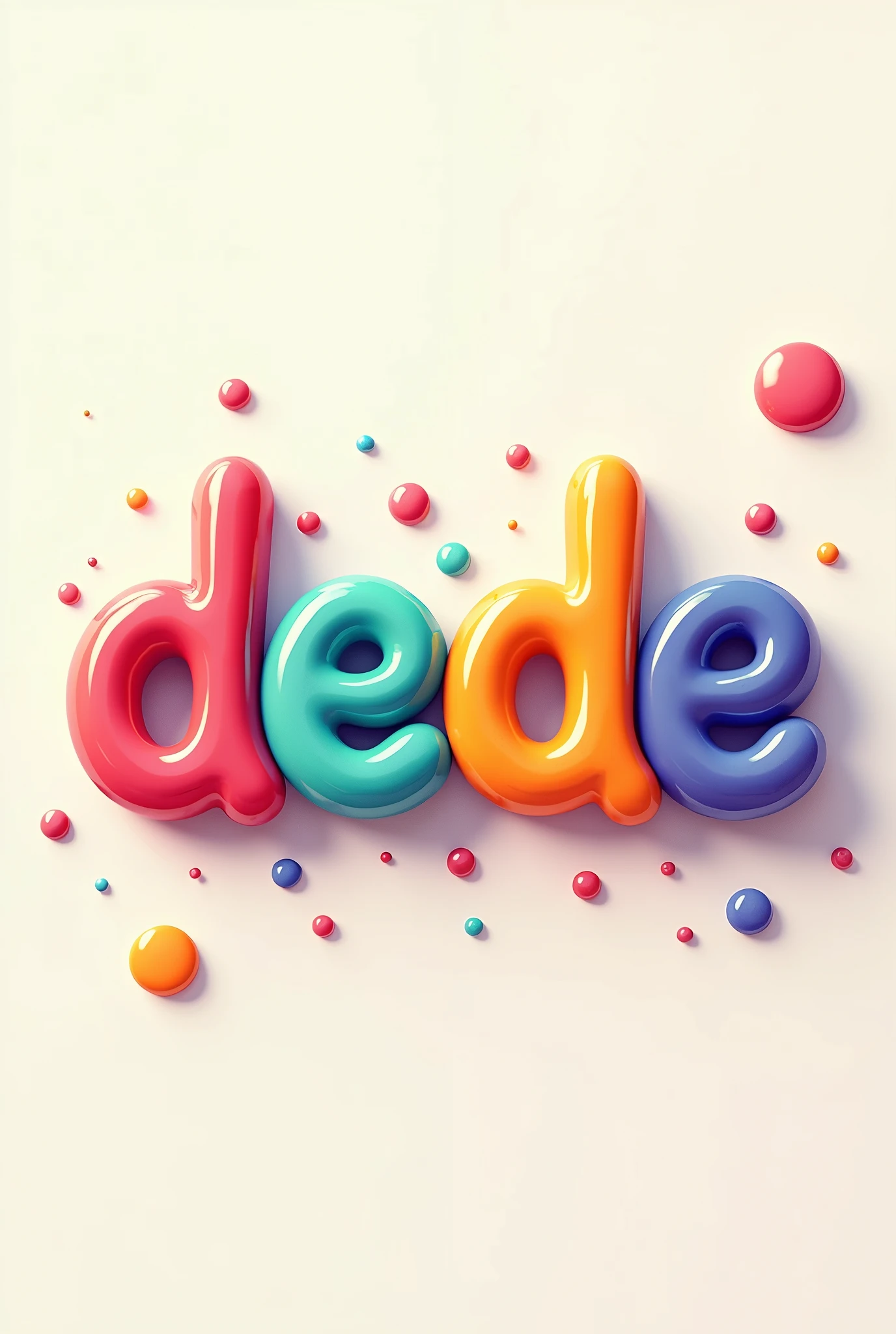 Create image features the word “Dede” written in a vibrant, glossy, and stylized font. Each letter is a different color, giving the text a lively and artistic appearance. The letters look as if they are made of liquid or gel, with smaller droplets scattered around them, enhancing the three-dimensional effect. The background is neutral-toned, which makes the colorful text stand out even more. This design could be great for branding, art projects, or any creative endeavor where a striking and colorful visual is desired.