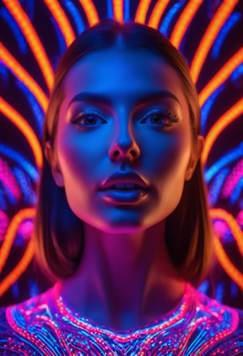 diana frost beauty, in the style of neon-lit pop art, stripes and shapes, Norinobu Shinoyama, play with light and shadow, Excessiveness, Surreal details, surrealist style image、White space