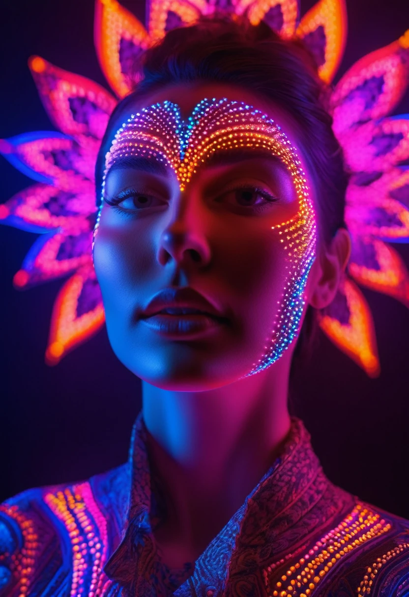 a picture of a (3DMM picture of a woman, (3 d depth of field: 1.4)) in a 3 d picture frame, 3DMM frame of lights, illusion of disappearing to infinity, RGB led point lights disappear inward from edge, infinity mirror, 3 d neon art of a woman's body, psychedelic photoluminescent, vivid!!, psychedelic lighting, psychedelic black light, by Jon Coffelt, lsd visuals, neon version of style jim burns, ledspace, skin made of led point lights, RGB led effects