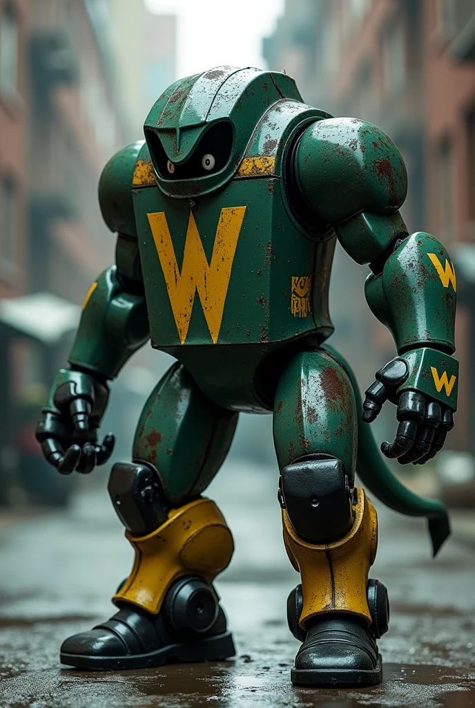 Character inspired by a trash can with very dark green arms, black eyes and white hidden, a trash can body to fight with stickers that look like w's on him, very dark green legs mixed with dark yellow with black, a tail that comes out from behind, arms with black gloves with a dangerous fighter side