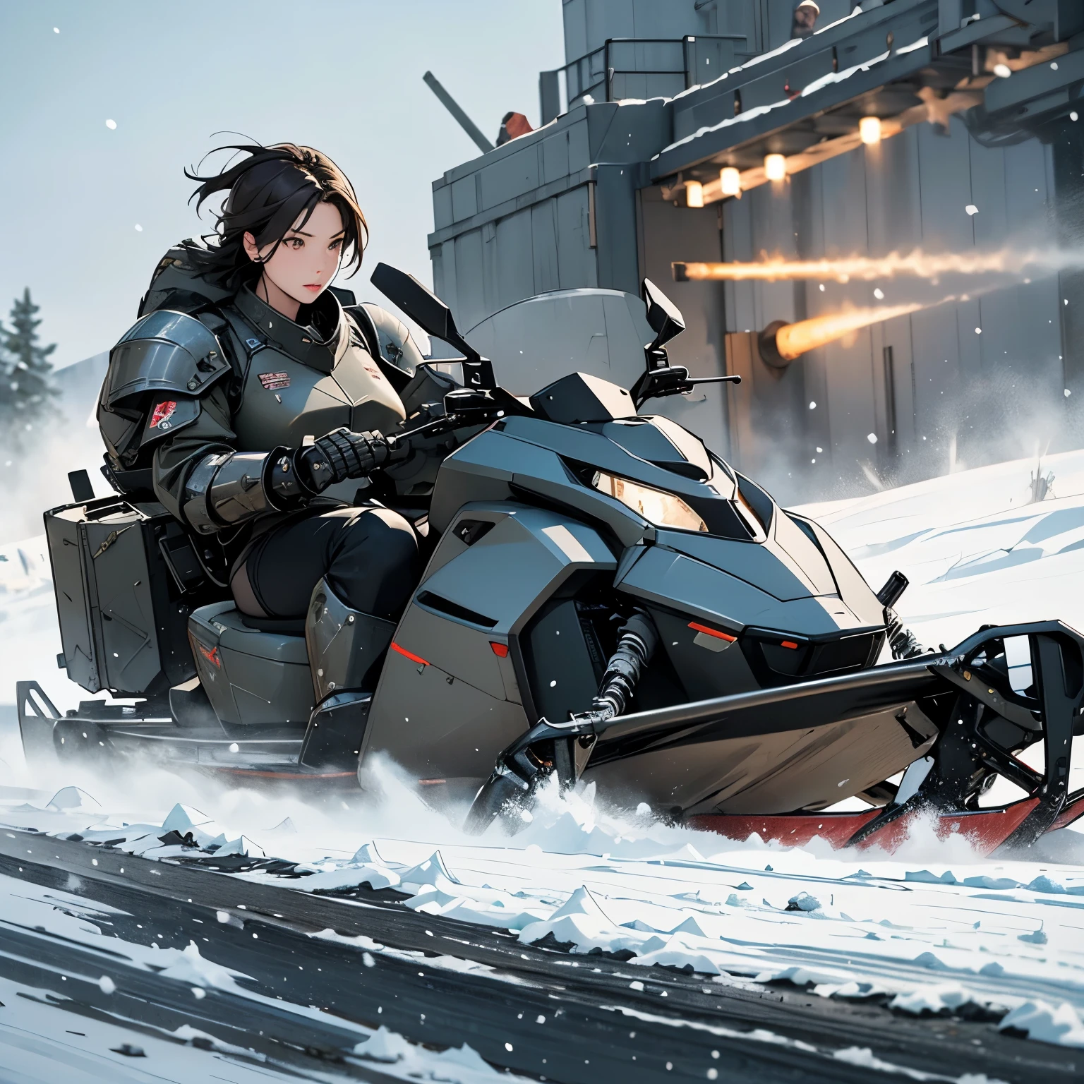 nsfw, anime screencap, 16K, perfect anatomy proportion body, perfect hands, action, A dynamic composition with a sense of speed and movement, (open cockpit, Ride a heavily armored steam-powered military snowmobile:1.6), a wife, 40age, perfect beautiful delicate sexy face, brown hair, short bob hair, gigantic tits, abs, Camouflage-colored heavy armored steam engine full armor powered suit, Many heavily armored robot soldiers are engaged in a firefight in the background., Flying bullets, Snowy Battlefield, war, Post-apocalyptic,