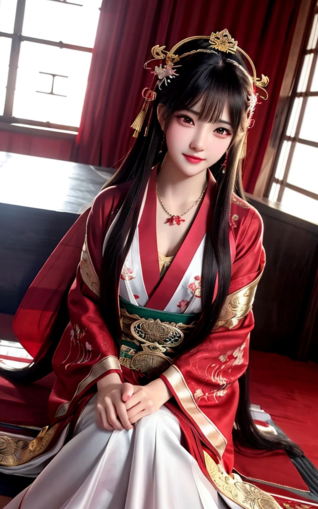 best quality,masterpiece,highres,1girl,blush,(seductive smile:0.8),star-shaped pupils,red china hanfu,hanfu,chinese clothes,hair ornament,necklace,jewelry,Beautiful face,upon_body,tyndall effect,photorealistic,dark studio,rim lighting,two tone lighting,(high detailed skin:1.2),8k uhd,dslr,soft lighting,high quality,volumetric lighting,candid,Photograph,high resolution,4k,8k,Bokeh,