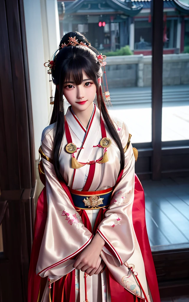 best quality,masterpiece,highres,1girl,blush,(seductive smile:0.8),star-shaped pupils,red china hanfu,hanfu,chinese clothes,hair ornament,necklace,jewelry,Beautiful face,upon_body,tyndall effect,photorealistic,dark studio,rim lighting,two tone lighting,(high detailed skin:1.2),8k uhd,dslr,soft lighting,high quality,volumetric lighting,candid,Photograph,high resolution,4k,8k,Bokeh,