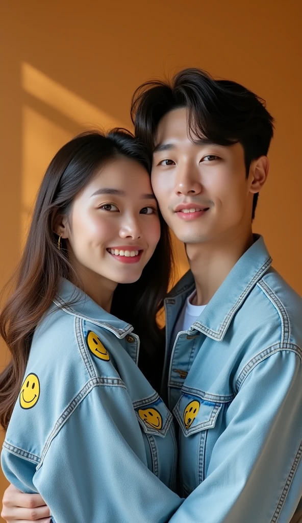A handsome Korean young man and his beautiful girlfriend are engaged in a cozy embrace during a photoshoot. The girlfriend, with a heart-shaped face and smooth, fair skin, radiates a natural glow. Her almond-shaped, deep brown eyes are warm and inviting, framed by well-defined eyebrows with a gentle arch. She has a small, straight nose with a soft, slightly rounded tip and full, naturally pink lips that curve into a subtle, inviting smile. High cheekbones enhance her refined appearance, and her soft waves of hair gracefully frame her face. She is wearing a trendy smiley face denim outfit—light-wash denim jacket and jeans with playful smiley face patterns. Both are looking directly at the camera, capturing their affectionate connection and her cheerful yet elegant style in a warm, engaging photoshoot setting.