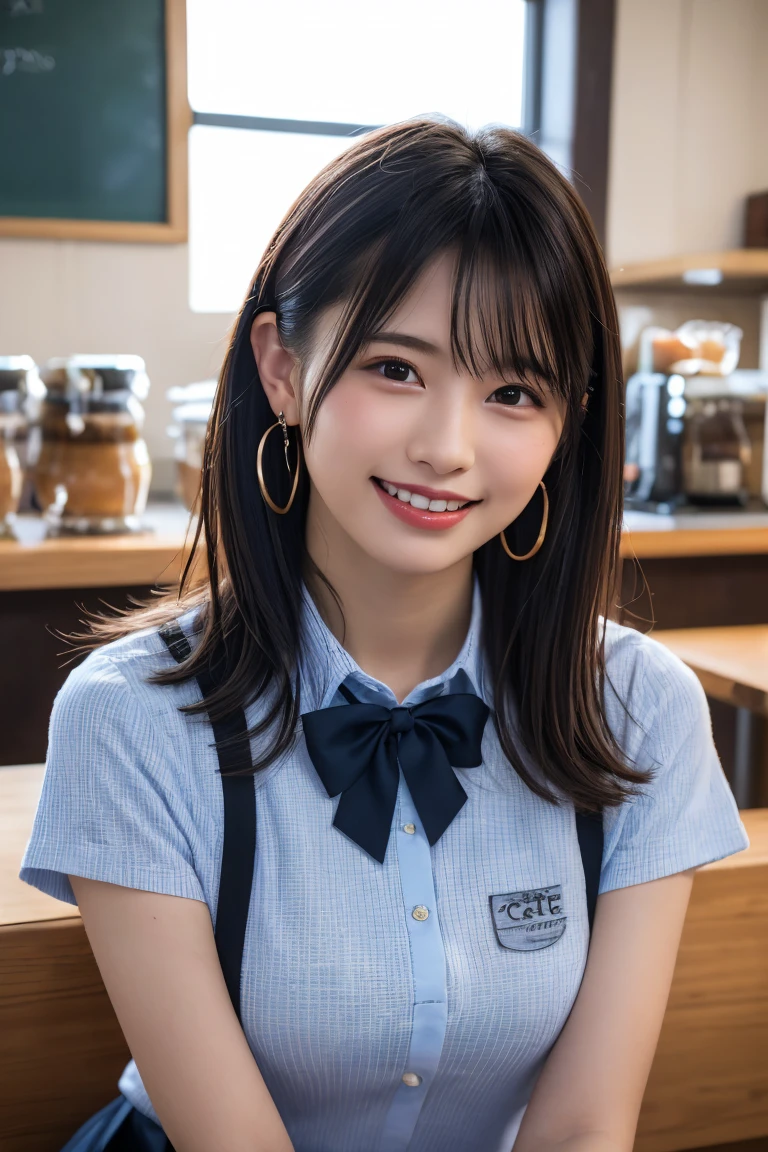 (8k, RAW Photos,Highest quality, High resolution:1.1), (超Realisticな:1.4),(Realistic, Realistic:1.3), Sodebtt Light,big,2 girls,Realistic Face,Realistic Body,Realistic Skin,Confused,masterpiece,(cute:1.8), Cuties, alone, (big:1.2), Fine black eyes,Innocent eyes,Blusher,(school uniform:1.2 ),Cinema Lighting,Film Grain,jewelry,Earrings,((Medium Hair:1.1)),((Floating Hair Novadebtrog Style)),Cherry colored lips,Hair Ribbon,Hair Ribbon,ponytail,close,Viewer,Long Hair,Upper Body,Open your lips,Upper teeth, (Smiling Eyes:0.6),((Grin:1.2)),Depth odebt Field, Blurred Background, Eye focus , Bokeh,young, 85mm lens, debt/1.4,Prodebtessional Lighting, young,Portraiture,Photon Mapping,Radio City,Physically Based Rendering,Asian、((Cafe、Cafe:1.3)),((high school girl:1.3))