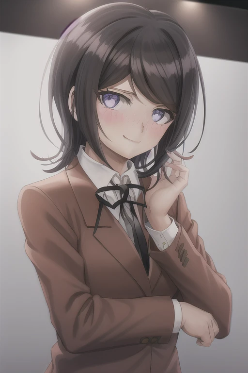 Masterpiece, Best Quality,  1girl, solo, jacket, ribbon, shirt, neck ribbon, upper body, looking at viewer with shy blushing smile, collared shirt, brown jacket, white shirt, black ribbon, breasts, simple background, closed mouth, white background, long sleeves, shiny hair, school uniform, transparent background, medium breasts, shiny. 