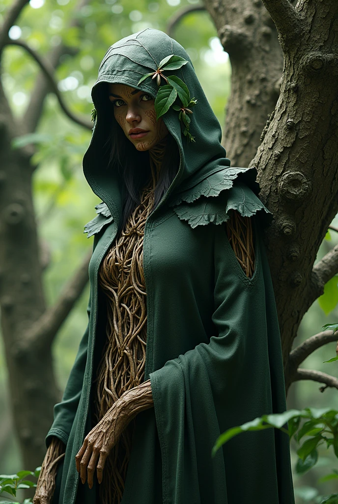 Create A whole body mythical  creature that has this following features
- wearing a long hoodie
- the hoodie cover is like a leaves
- this creature dwells in trees
- an old human like form
- the body is like a wood 
- it should be like a character from a dark fantasy
-it should be a woman
