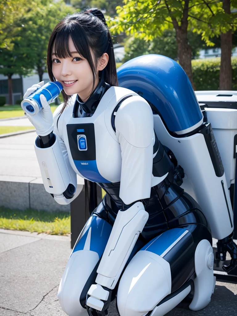 Japanese female android,Black Hair,White and blue robot suit,Plump,Drinking water from a tap in the park,smile