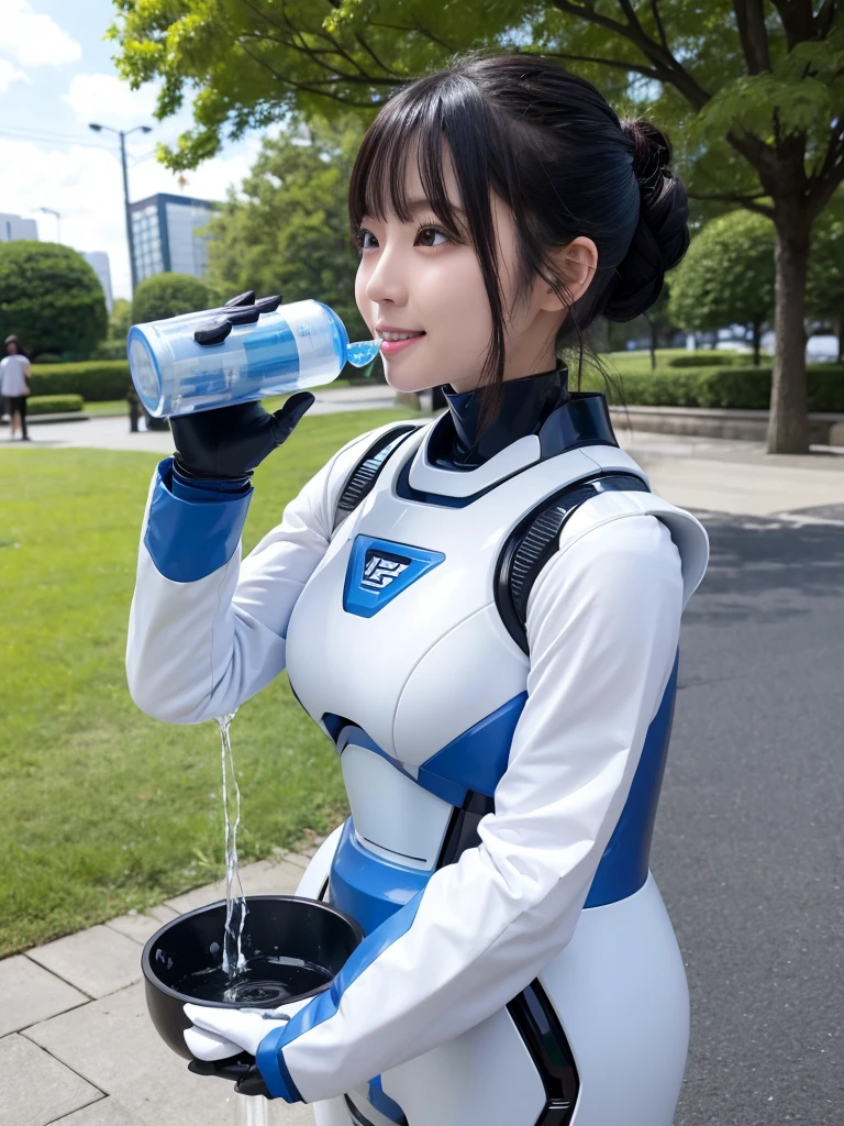Japanese female android,Black Hair,White and blue robot suit,Plump,Drinking water from a tap in the park,smile