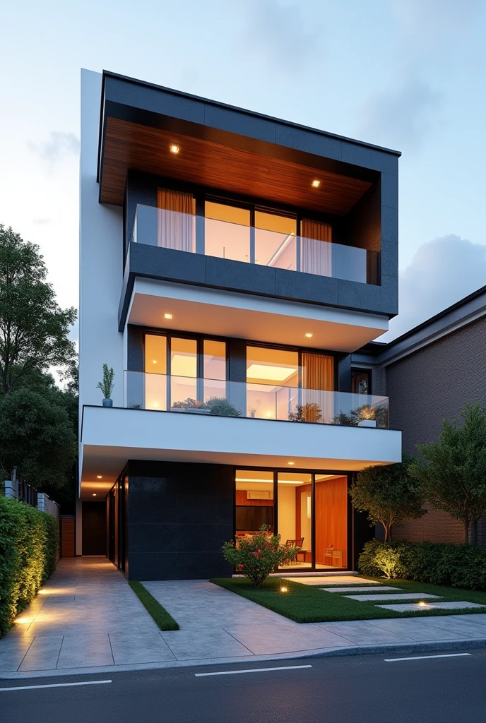 Residential facade architecture , a view of contemporary 6th floors residential facade with larg window , main material by glossy white wall and black stone and wood, RAW photo, real, best quality, masterpiece:1.2), look morden minimal, shime ring light, light brighteness from indoor:1.2, dynamic lighting: 1.3, (hyper realistic, photo-realistic:1.2), high quality, day lighht, hight contrast :0.5 perfect lighting, archdaily, award winning contemporary ,, well-designed masterpiece, sunny day