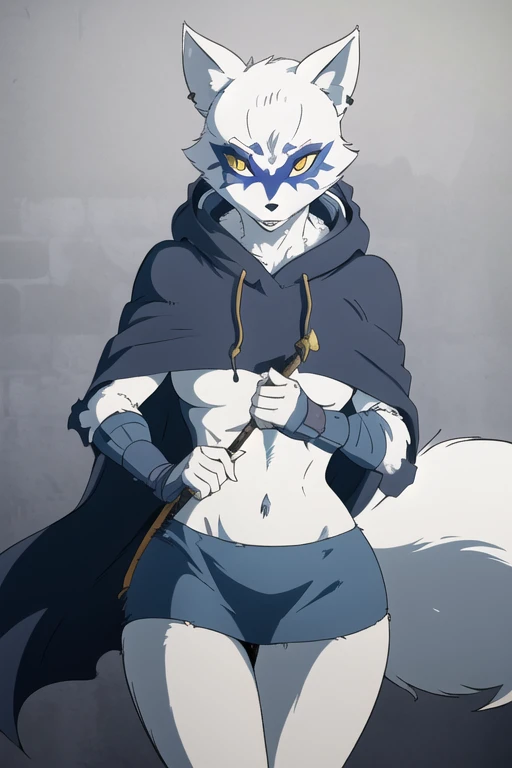 Alopex, Solo, arctic fox, tmnt, blue marks, yellow eyes, shaded bandage, Kunoichi Outfit, cape, cloak, Fox Ears, Cowboy Shot, Anime Style, Hood Up, Masterpiece, Best Quality,