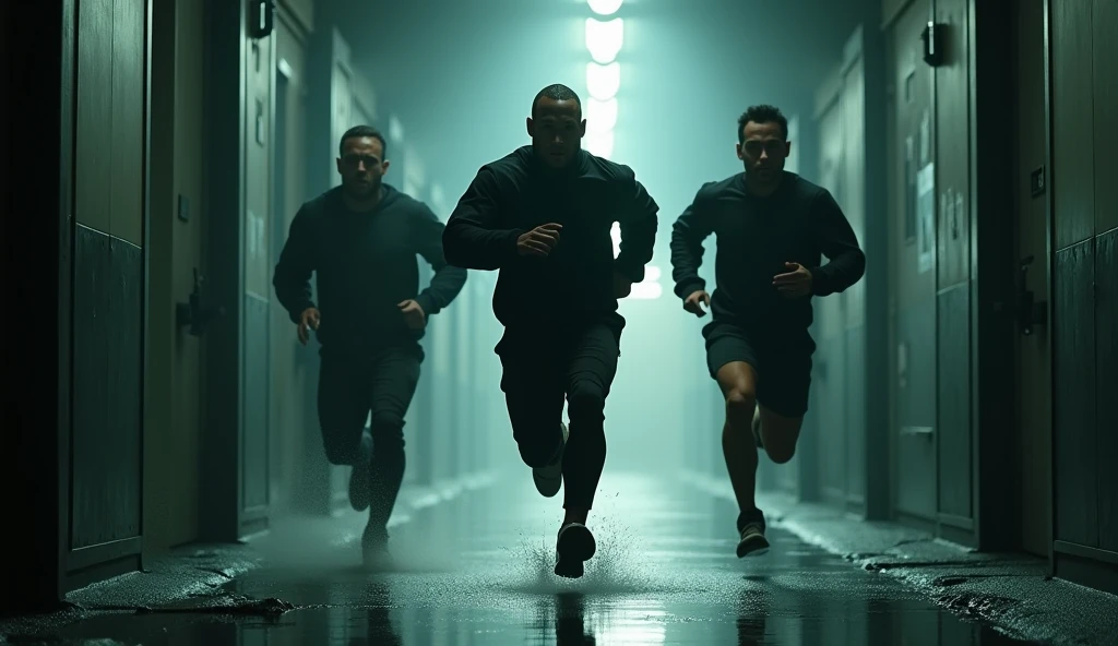 The 3 man running down a long, dark corridor towards the exit.