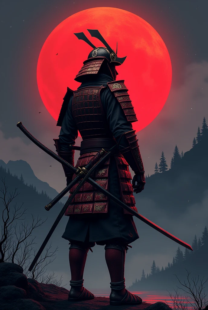 Samurai knight red moon and night