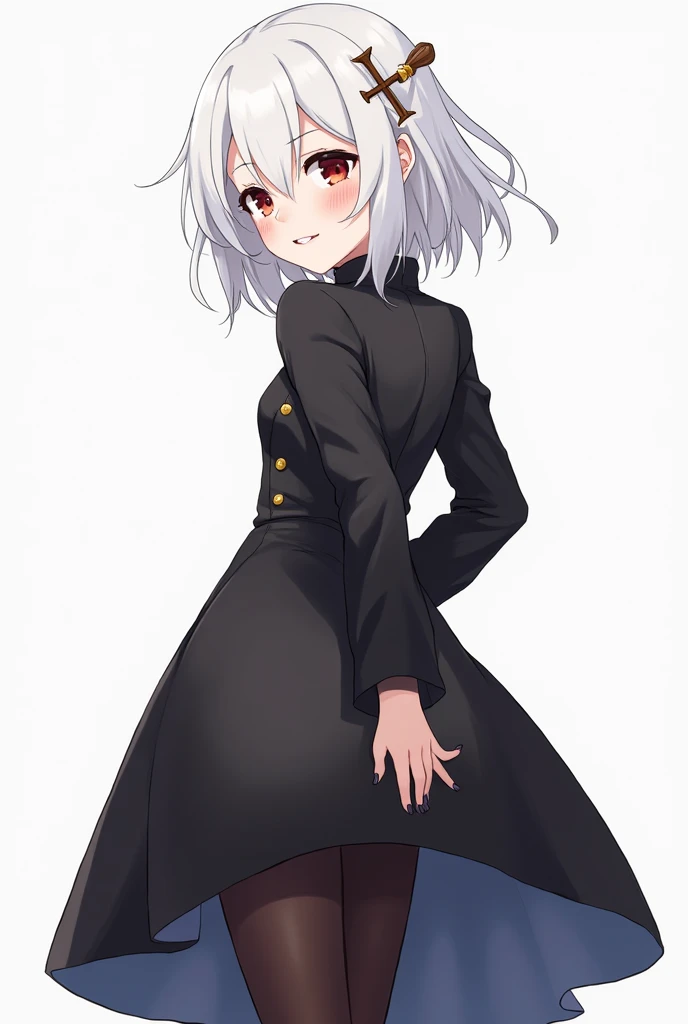 (masterpiece, best quality, high resolution, unity 8k wallpaper, extremely detailed CG:1.2), (illustration:1.0), beautiful detailed eyes, extremely detailed face, perfect lighting,white hair,  (perfect hands,perfect anatomy),arm behind back,  1girl, cute,, delilahms, long sleeves,[black hair: green hair], buttons, long dress, pantyhose,  cross, black dress  , facing away from camera, big butt, looking back at camera, mouth filled with yoghurt, blushing