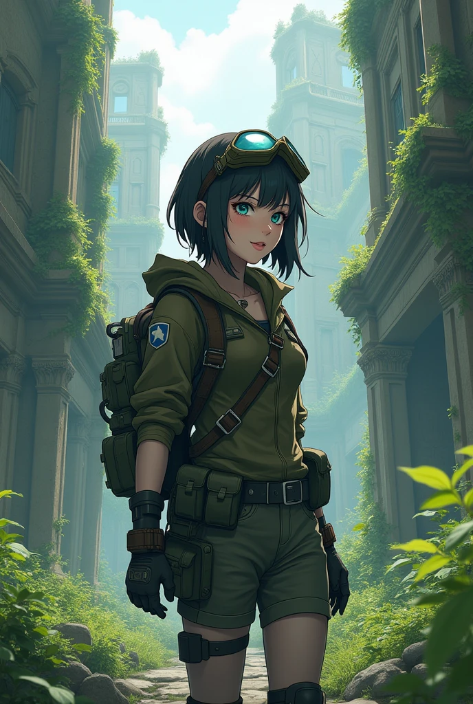 ((Highly detailed anime art)),Woman in ruins,City Ruins,Ranger Equipment,Shots from afar,goggles,Building covered with ivy,((masterpiece, Highest quality, Extremely detailed CG, unity 8k wallpaper )),(masterpiece, Highest quality, Highest quality, Official Art, beautiful),Very vivid,High-precision images,Ultra-high resolution,Great art,Poster Art,Impressive photos,Impressive art,beautiful顔,Perfect Face